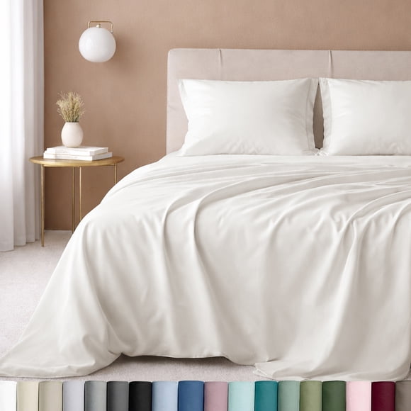 California Design Den Ensemble de Draps Format Grand - Satin 100 % Coton, 600 Fils, Doux et Respirant - Ivoire Véritable