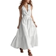 thumbnail image 5 of Women's Maxi Dress V Neck Sleeveless Ruffle Trim Tie Waist Tiered Dress Flowy Casual Summer Vacation Sundress White L, 5 of 5