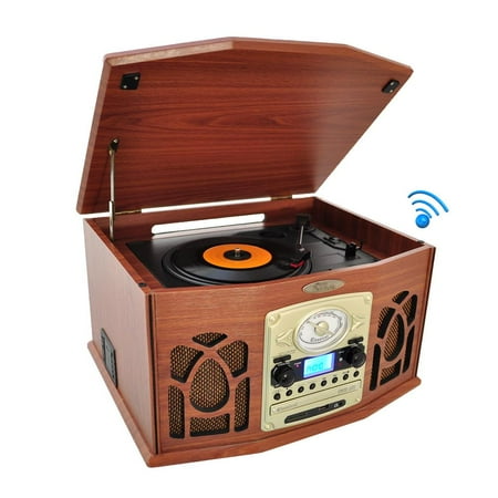 Pyle PTCDS7UBTBW - Vintage Classic-Style Bluetooth Turntable Record Player with Vinyl-to-MP3 Recording Ability, CD Player, AM/FM Radio