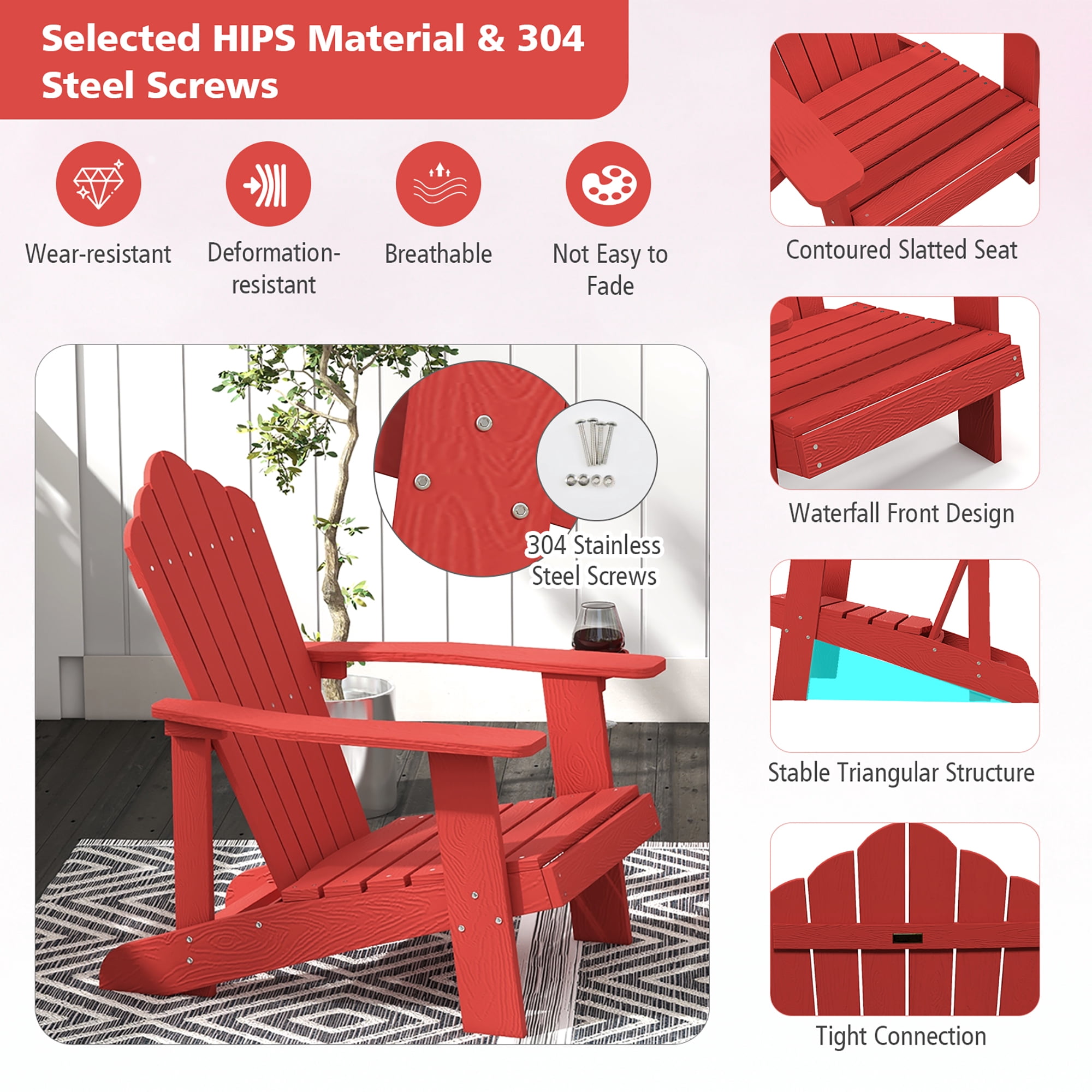 Gymax Patio HIPS Outdoor Weather Resistant Slatted Chair Adirondack Chair w/ Cup Holder Red