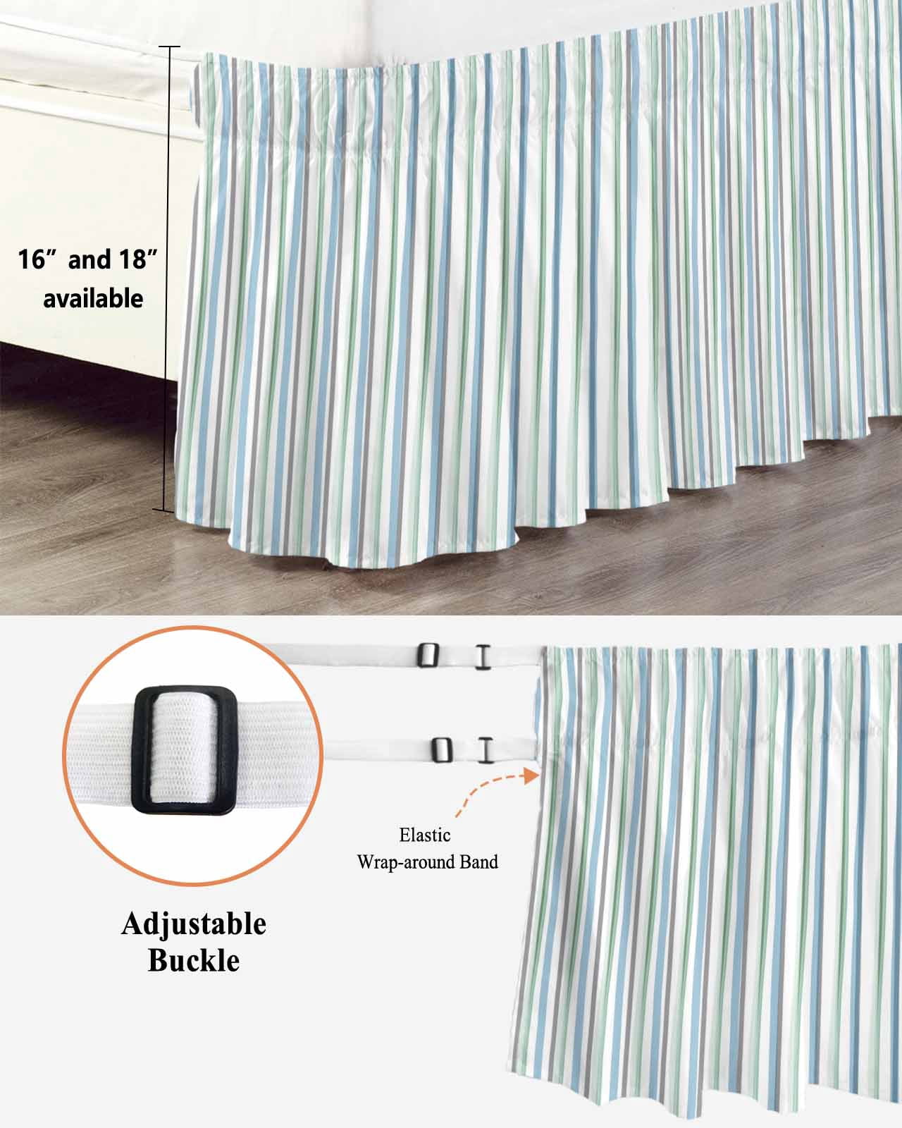 Minimalist Lines Bed Skirt King Size 16" Drop Hand Painted Blue Green Stripes Ruffled Wrap Around Bed Skirts Adjustable Elastic Bedskirt Dust Ruffle for King Size Bed