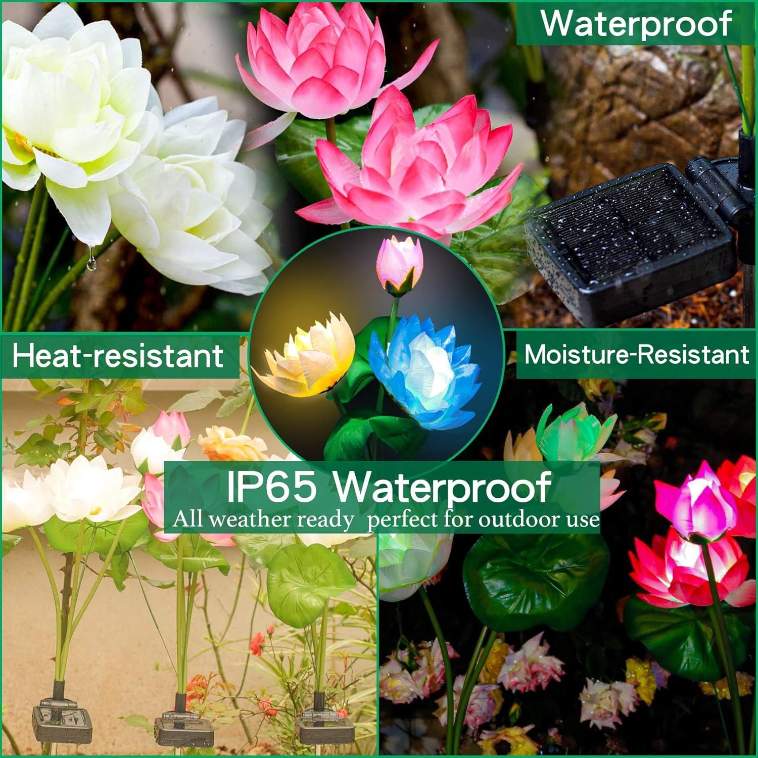 Solar Garden Lights, Lotus Flower Lights, Outdoor Light for Garden, Patio, Yard Decoration, 7 Color Changing Decorative Light, Larger Solar Panel (4 Pack)