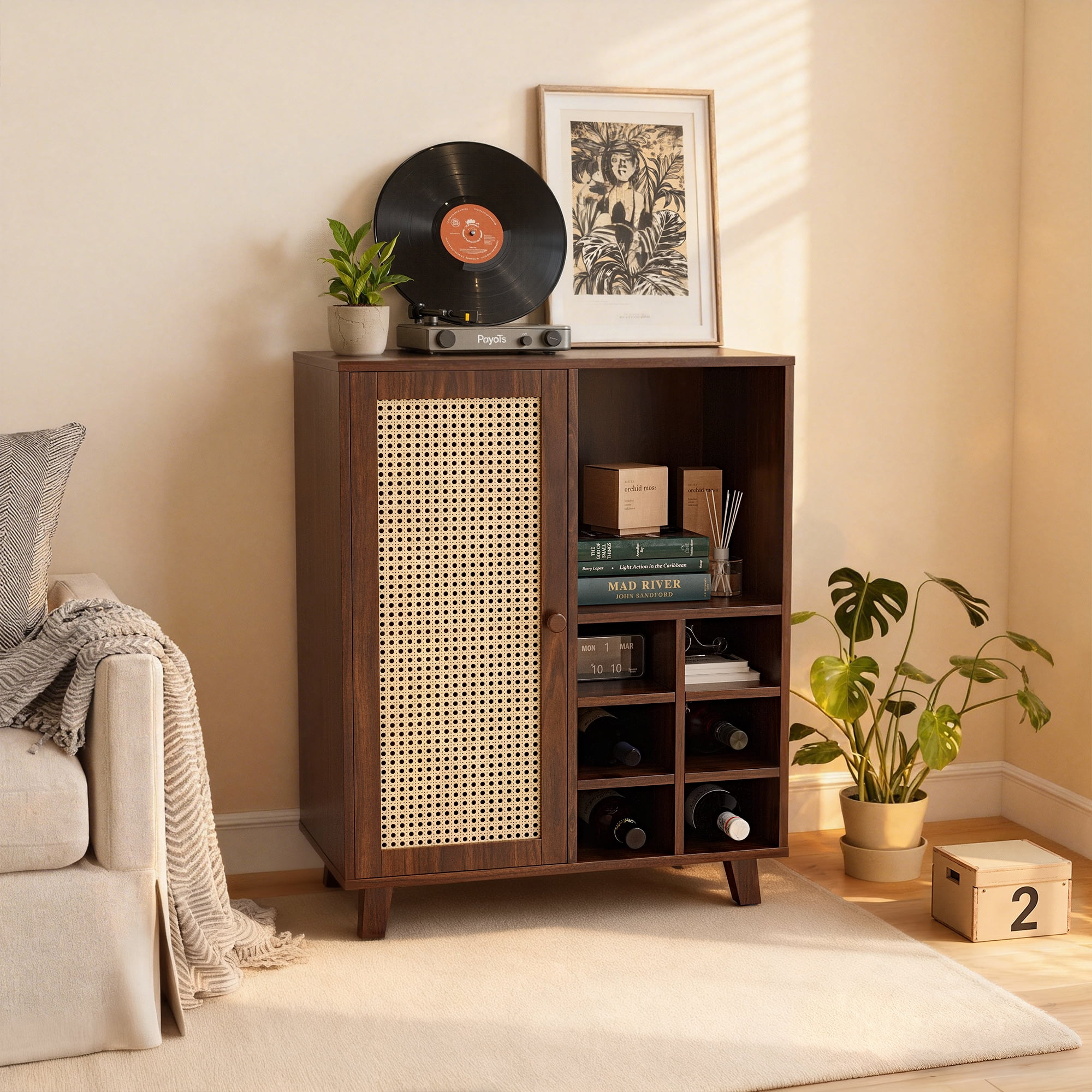 MAYEERTY Rattan Sideboard Cabinet with Wine Racks, Versatile Storage for Kitchen & Entryway, Walnut