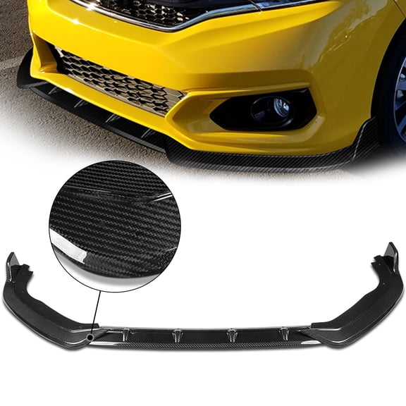 DNA Motoring 2-PU-685-R-RCF For 2018-2020 Honda Fit Gloss Black Carbon Fiber 3Pcs Front Bumper Lips Guard Body Kit w/ Vertical Stabilizers 19 20