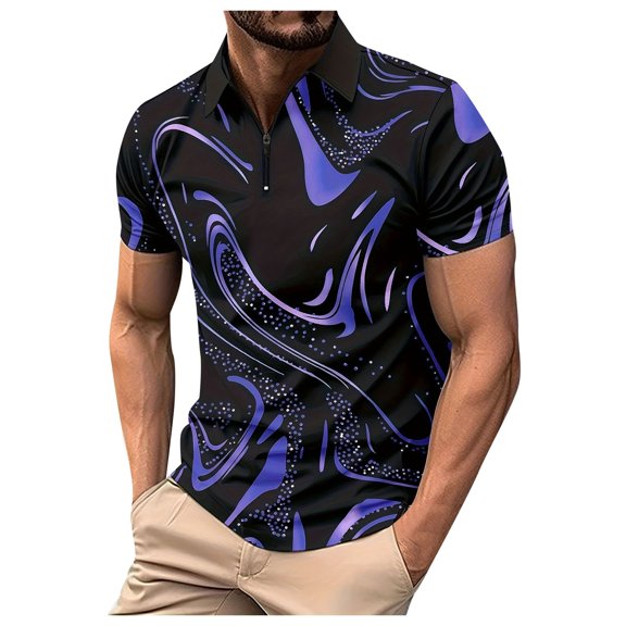 FUZHIQ Men's Polo Shirts Short Sleeve Gradient Print Rhinestone Detail Casual Golf Polo Breathable Quick Dry Party Daily Wear Fashion Collared Shirt,S