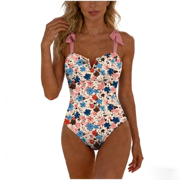 qafoshin Womens One Piece Swimsuits Floral Printed Spaghetti Summer Bathing Suits Beach Vacation Swimwear