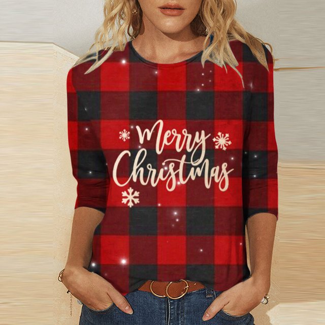 Fiudx Tops para Mujer Camiseta de Manga 3/4 con Cuello Redondo y Estampado Navideño para Mujer, Jersey con Cuello Redondo, Top/Camisa de Manga Larga con Cuello Redondo