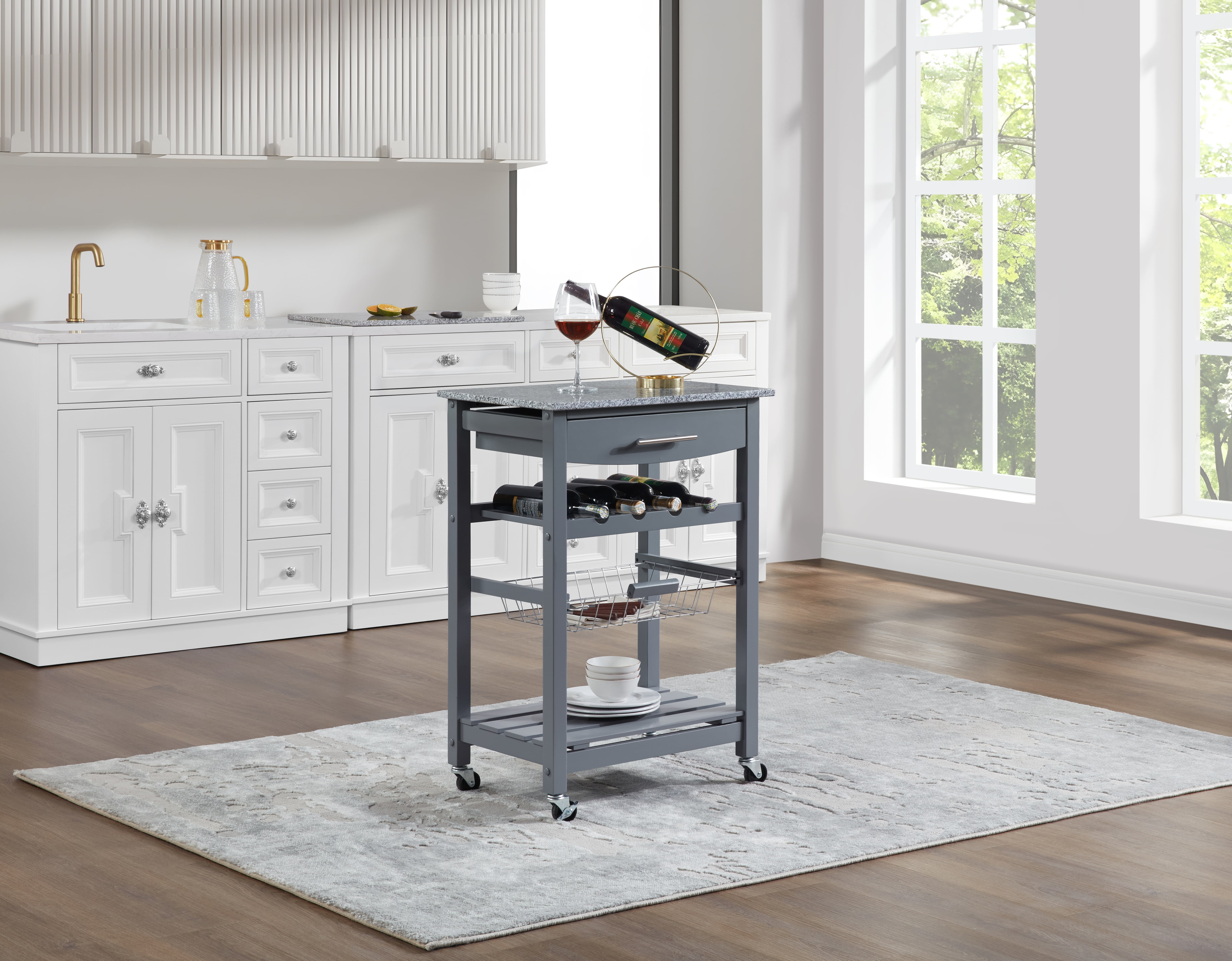 Mobile Rolling Kitchen Island with Marble Top, Drawer & Storage Basket