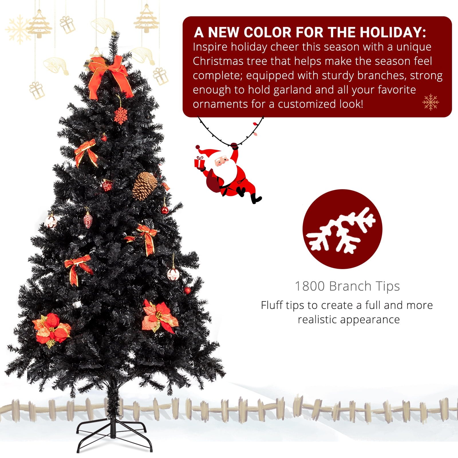7 FT Artificial Christmas Tree, 1500 PVC Branch Tips and Sturdy Metal Stand, High-Quality Durable Tie Tree, Black