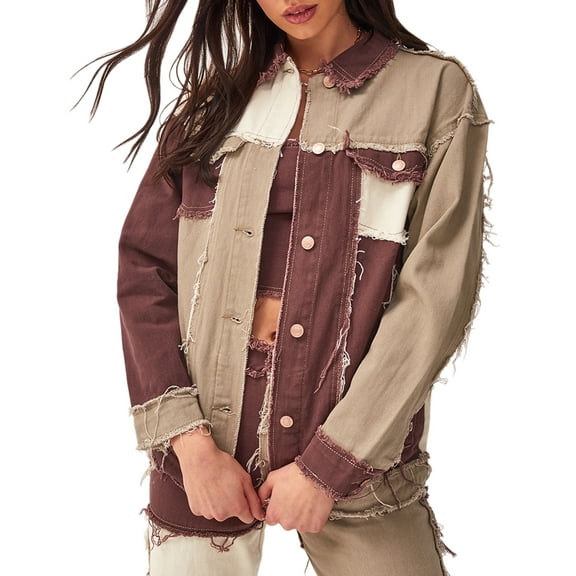Womens Colored Long Sleeve Distressed Fringe Denim Jacket Raw Hem Spring Fall Jean Coat Outerwear(CO-S)
