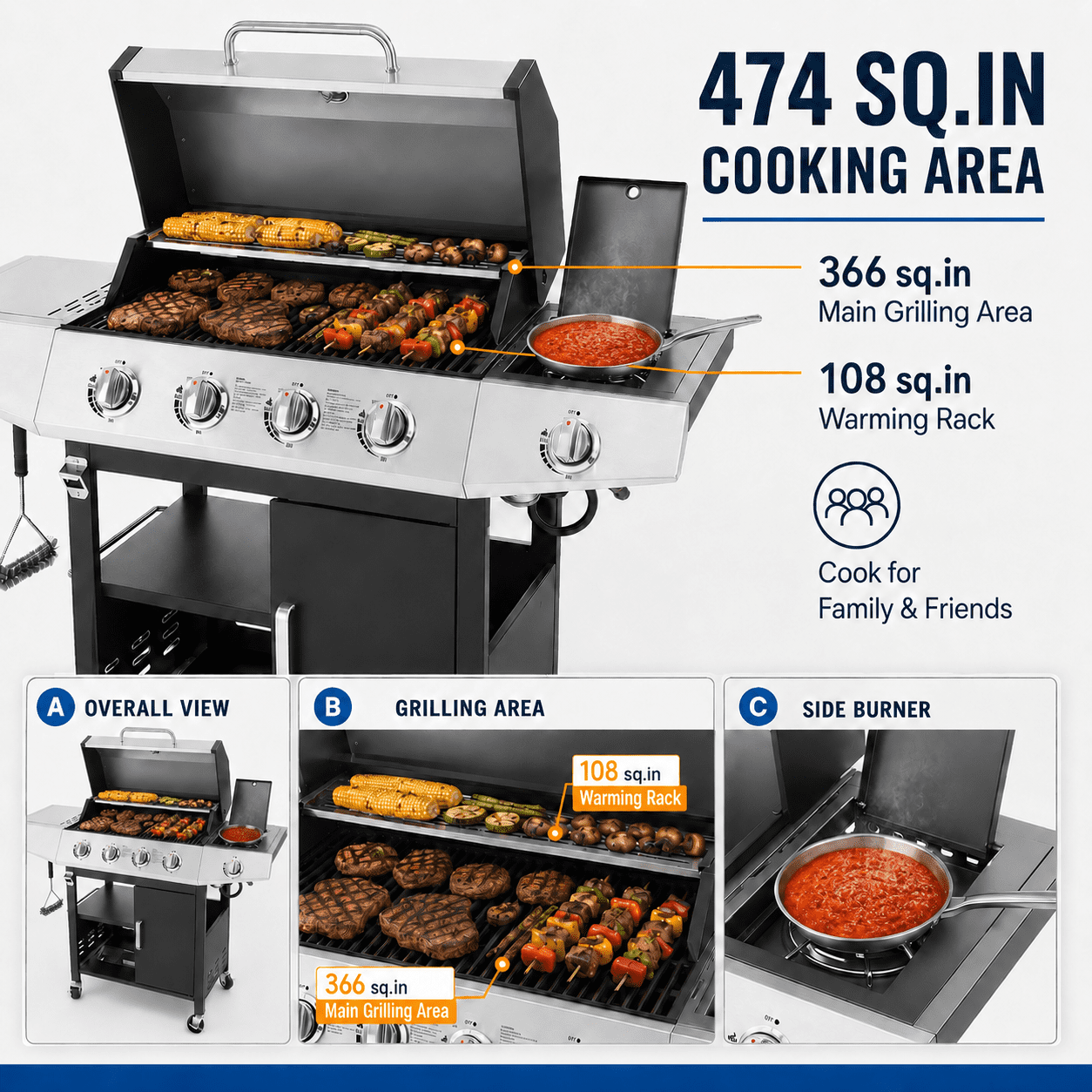 Seizeen 4 Burner Gas Grill with Side Burner, 50,000 BTU Stainless Steel BBQ Grill with Side Shelf, Tank Hook, Towel Rack & Bottle Opener, Outdoor Patio Propane Grill for Backyard, Camping
