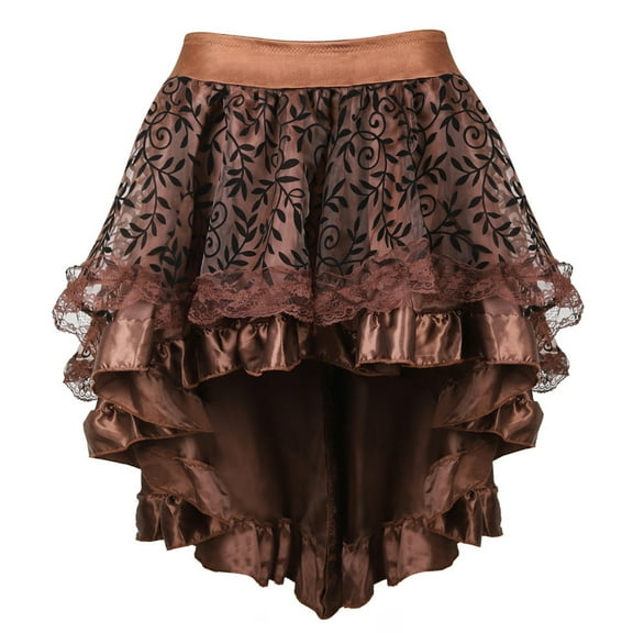 Zunfeo Women's Lace Steampunk Gothic Skirts Vintage Satin High Low Midi Skirt with Zipper Sexy Layered Ruffle Hem Flared Skirts- Brown Size XXXXXXL