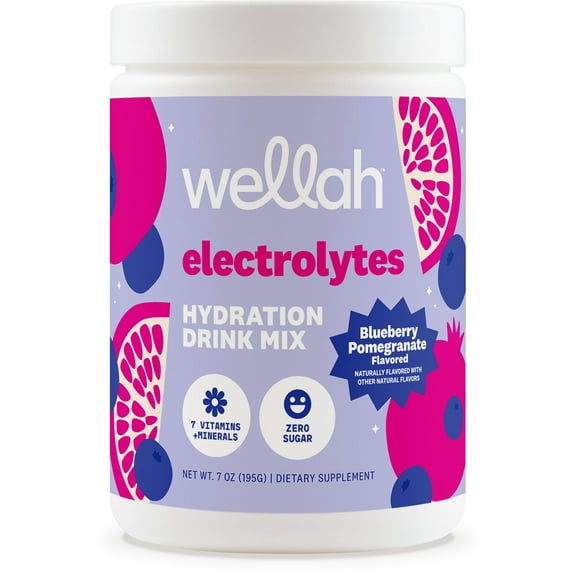 Wellah Electrolytes Powder (Blueberry Pomegranate) 50 Servings - Hydration Drink Mix, 7 Vitamins & Minerals, Zero Sugar