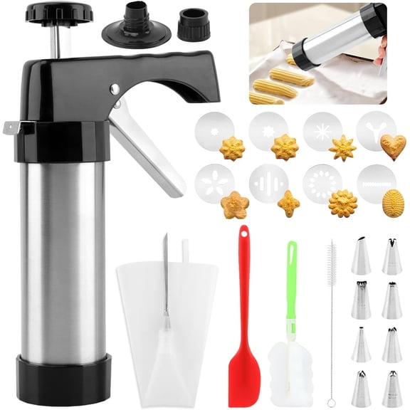 Churro Maker Machine, Stainless Steel Churros Gun Kit, Cookie Press with Piping Bag, 8 Nozzles, Discs, 2 Brush and Cream Spatula