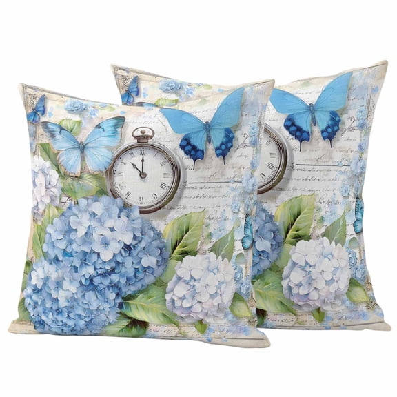 Blue Hydrangea Floral Outdoor Waterproof Pillow Covers, Spring Retro Butterfly Botanical Decorative Square Throw Pillowcase Sofa Cushion Sham for Patio/Couch/Chair, 16"x16" 2 Pack