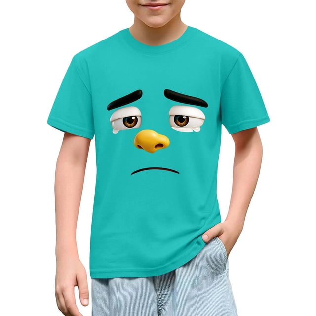 Blusas y camisas de manga corta con cuello redondo para niños y niñas, color liso, con estampado de expresión linda, manga corta, holgadas y cómodas, blusa para niña