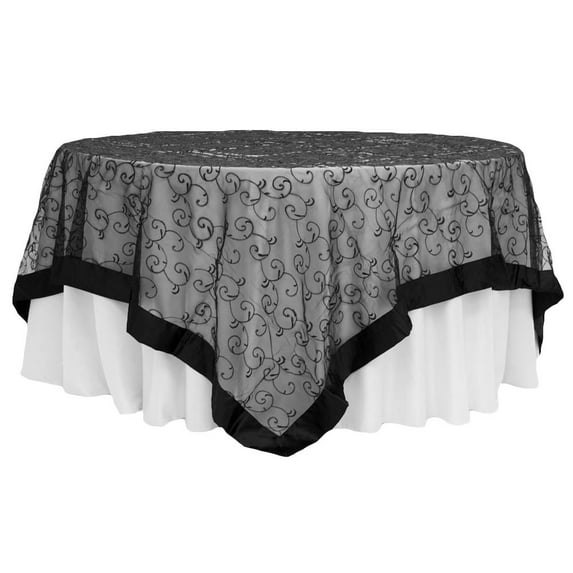 1 Pc, Embroidery Swirl Overlay 90"X90" Square Table Topper - Black For Weddings, Quinceaneras, Birthday Celebrations, Or Special Occasion