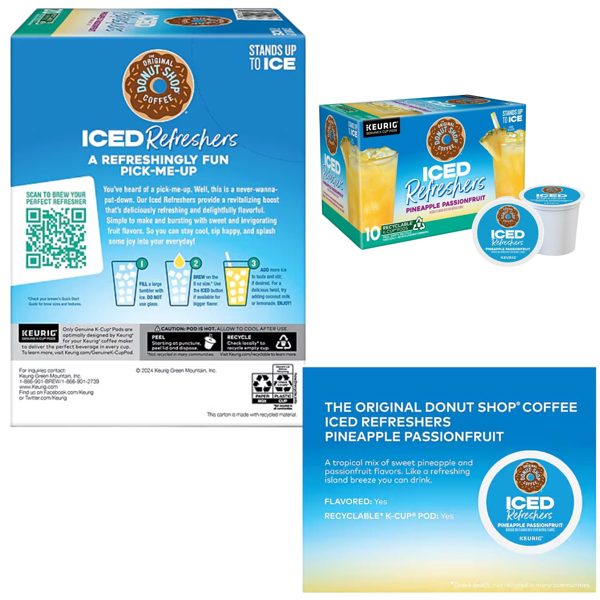 Iced Refreshers K Cup Strawberry Acai and Pineapple Passion Gift Set of Keurig k cups 20ct Pods and Stainless Steel Iridescent Straws with Storage Bag