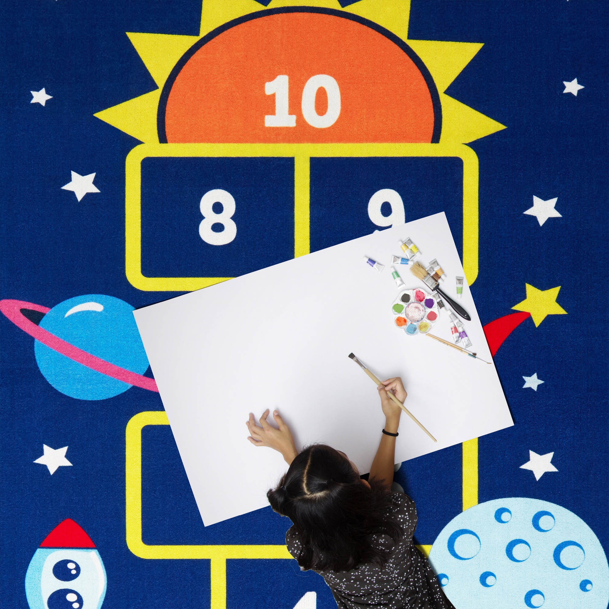 Everwash™ Imagine Hopscotch Space Kids Machine Washable Area Rug, Blue/Yellow, 6'x9'