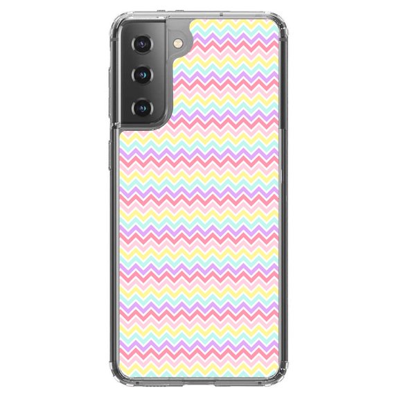 DistinctInk Clear Shockproof Hybrid Case for Galaxy S21 5G (6.2" Screen) - TPU Bumper, Acrylic Back, Tempered Glass Screen Protector - Rainbow Chevron Stripes Pattern