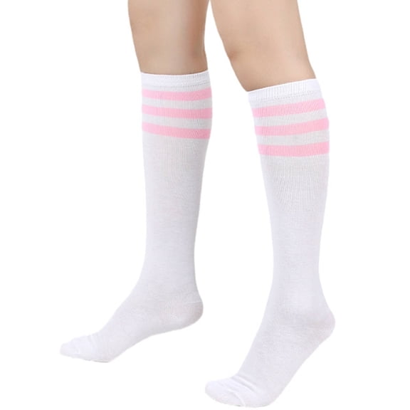 TELOLY Knee High Socks,Three Stripes Breathable Sweat-Wicking Long Socks,White/Pink Stripes