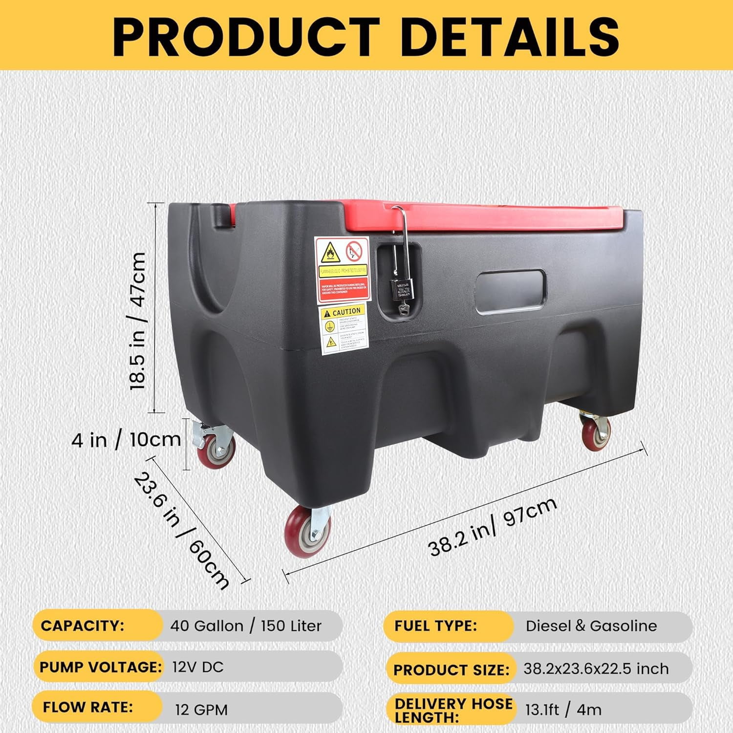 Diesel Gasoline Fuel Transfer Caddy Tank with 12V DC Self-Priming Fuel Transfer Pump for Cars, Motorcycles, Boats, Lawn Mowers, Snowblowers, Manual Fueling Nozzle, 12GPM Flow Rate, 40 Gallon