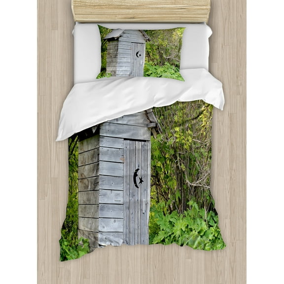 Outhouse Duvet Cover Set, Vintage Farm Life Cottage Barn Shed in Forest Trees Leaves Picture, Decorative 3 Piece Bedding Set with 2 Pillow Shams, King Size, Pale Grey and Fern Green, by Ambesonne
