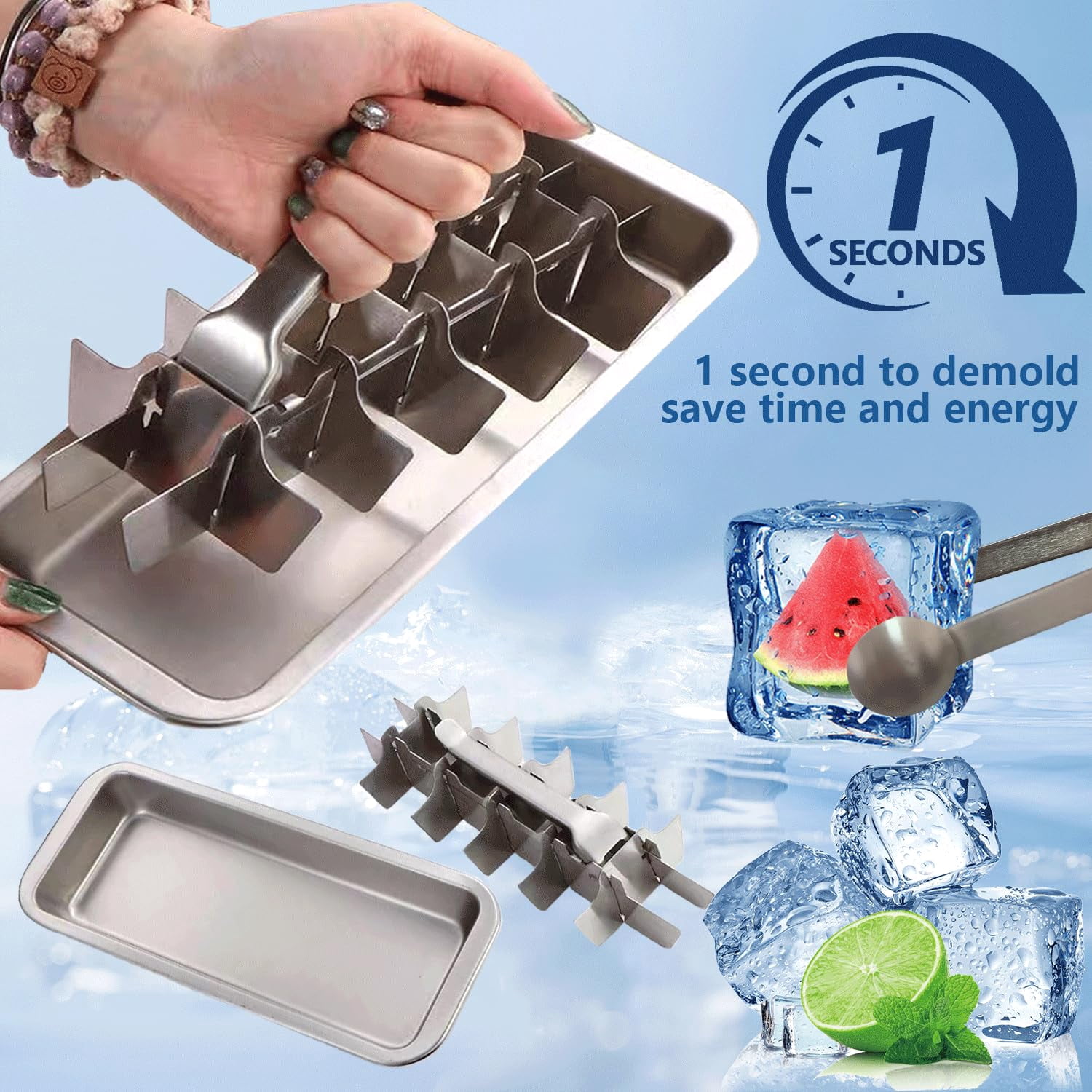 Stainless Steel Ice Cube Trays, Metal Ice Maker for Freezer Vintage Inspired Design with Release Lever Remove Handle for Making Large Cubes, Home and Kitchen & Bar Essentials