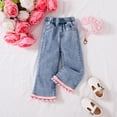 thumbnail image 2 of UYYX Girls Jeans Little Girls Light Wash Girly Bell Bottom Jeans Cuff Comfort Casual Pants for Autumn Spring（Blue,5 Years）, 2 of 5