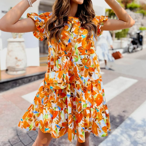 Fatuov Summer Dresses for Women Clearance 2023 Maxi formal Dresses for Round Neck Summer Solid Print Trends Casual Dresses Beach Loose Trumpet Sleeve Knee Length Dress Orange S - Walmart.com