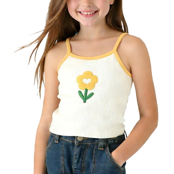 Cethrio Girls Tank Tops, Knitting Cotton Sleeveless Stretchy Spaghetti Strap Summer Tops Yellow Size 4-5T