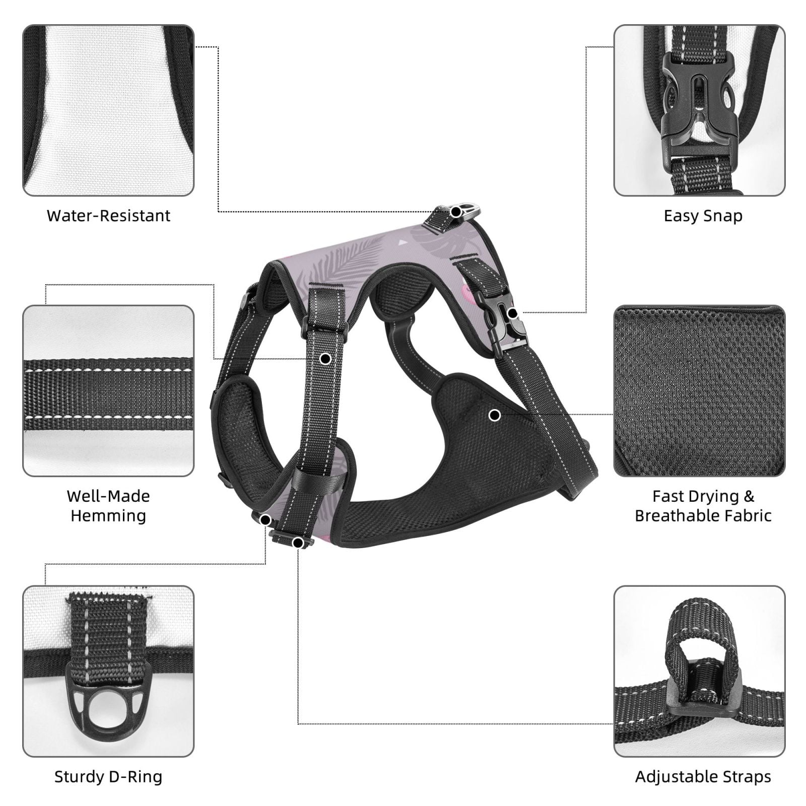 Vsdgher Pink Flamingo Pattern Dog Harness,No Pull Pet Harness with Soft Padded Handle,Adjustable Reflective Vest with 2 Buckles,4 Slide Buckles,S-XL