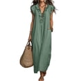 thumbnail image 2 of Women's Collared Button Down Maxi Shirt Dress, Long Sleeve Split Hem Solid Color Casual Long Dress for Spring Summer Daily Vacation Wear 11-Light Green S, 2 of 5