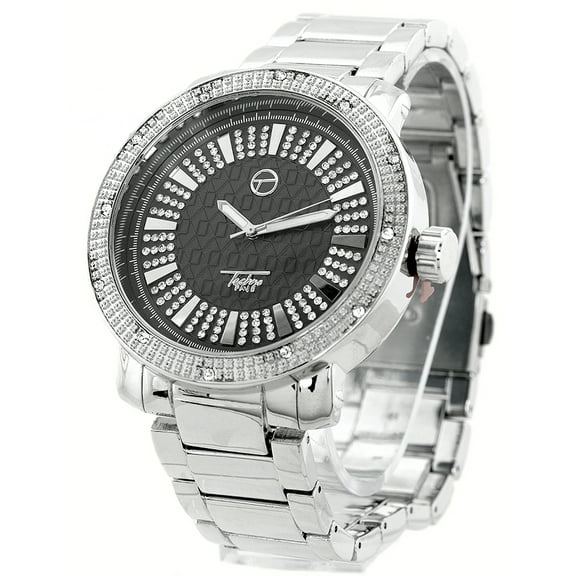 Men’s Big Heavy Silver-Tone CZ Clubbing Watch – 50mm Black Dial, Metal Link Bracelet