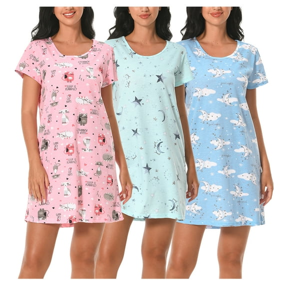 PinkBeautiM 3 Pack Nightgowns for Women Cotton Casual Sleepshirts Short Sleeve Soft Sleepwear