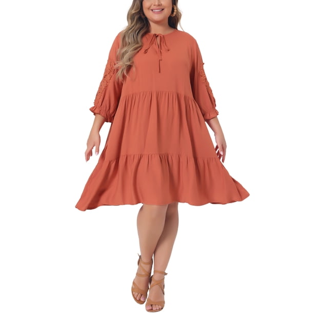 Vestido de verano de talla grande GRACE & GRANDEUR para mujeres, con cuello atado, mangas de encaje, vestido midi con volantes y fluido, 4X naranja