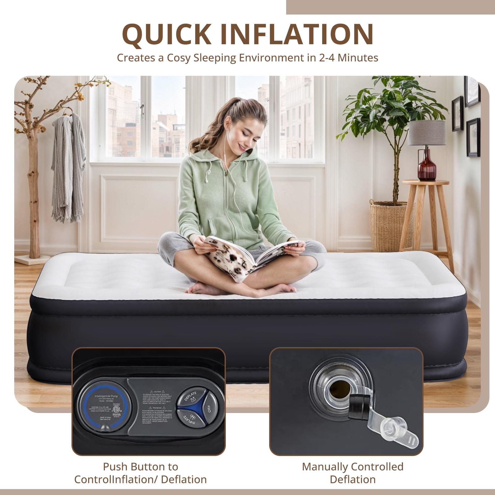 Atilioo Air Mattress with Built-in Pump, Inflatable Airbed, High Durability Blow Up Mattresses for Camping Home Camping Travel, 660lb Max, Twin Size 16 Inch, Black
