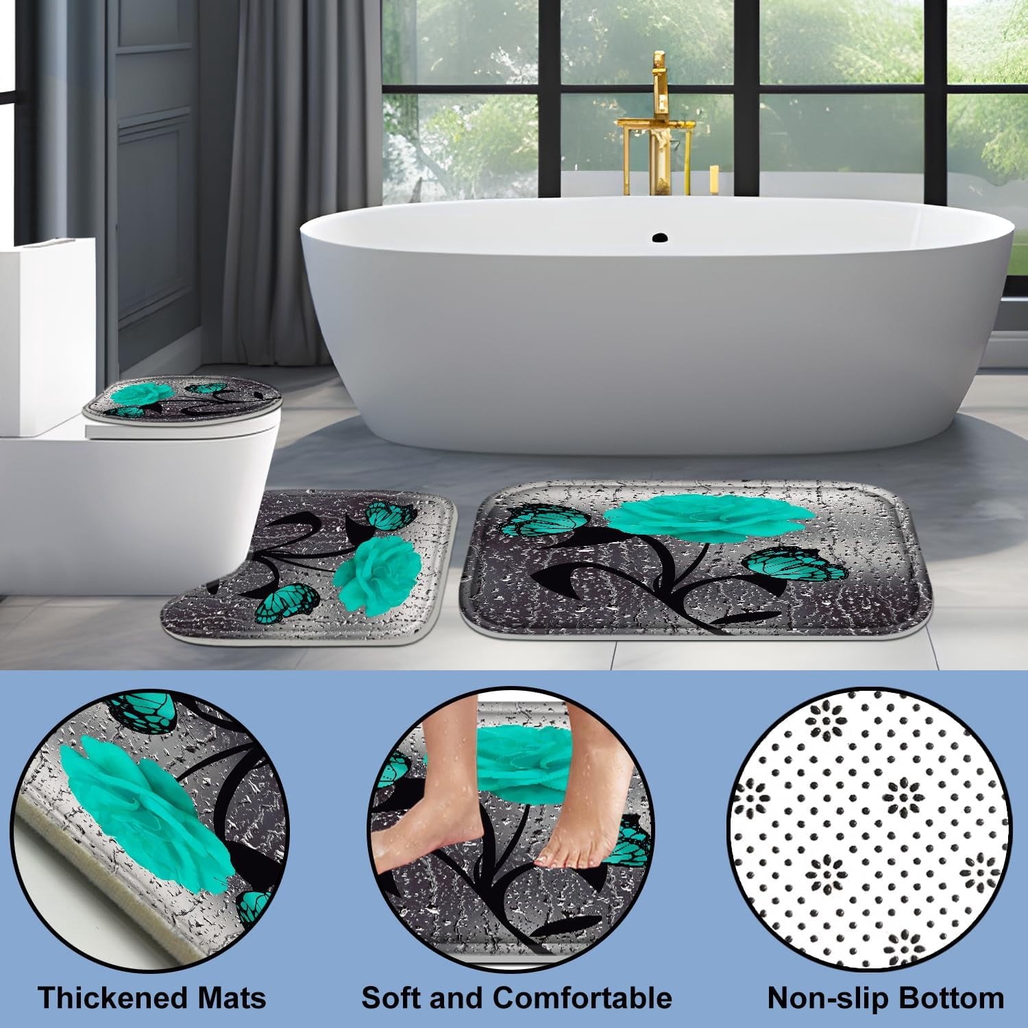 4 Pcs Bathroom Set,Orange Rose Shower Curtain Sets, Romantic Shower Curtain Sets with Rugs(Bath Mat,U Shape and Toilet Lid Cover Mat) and 12 Hooks
