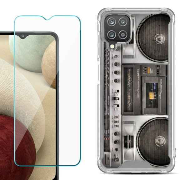 Shockproof Bumper Phone Case for Samsung Galaxy A12, with Tempered Glass Screen Protector, by OneToughShield ® - Boombox