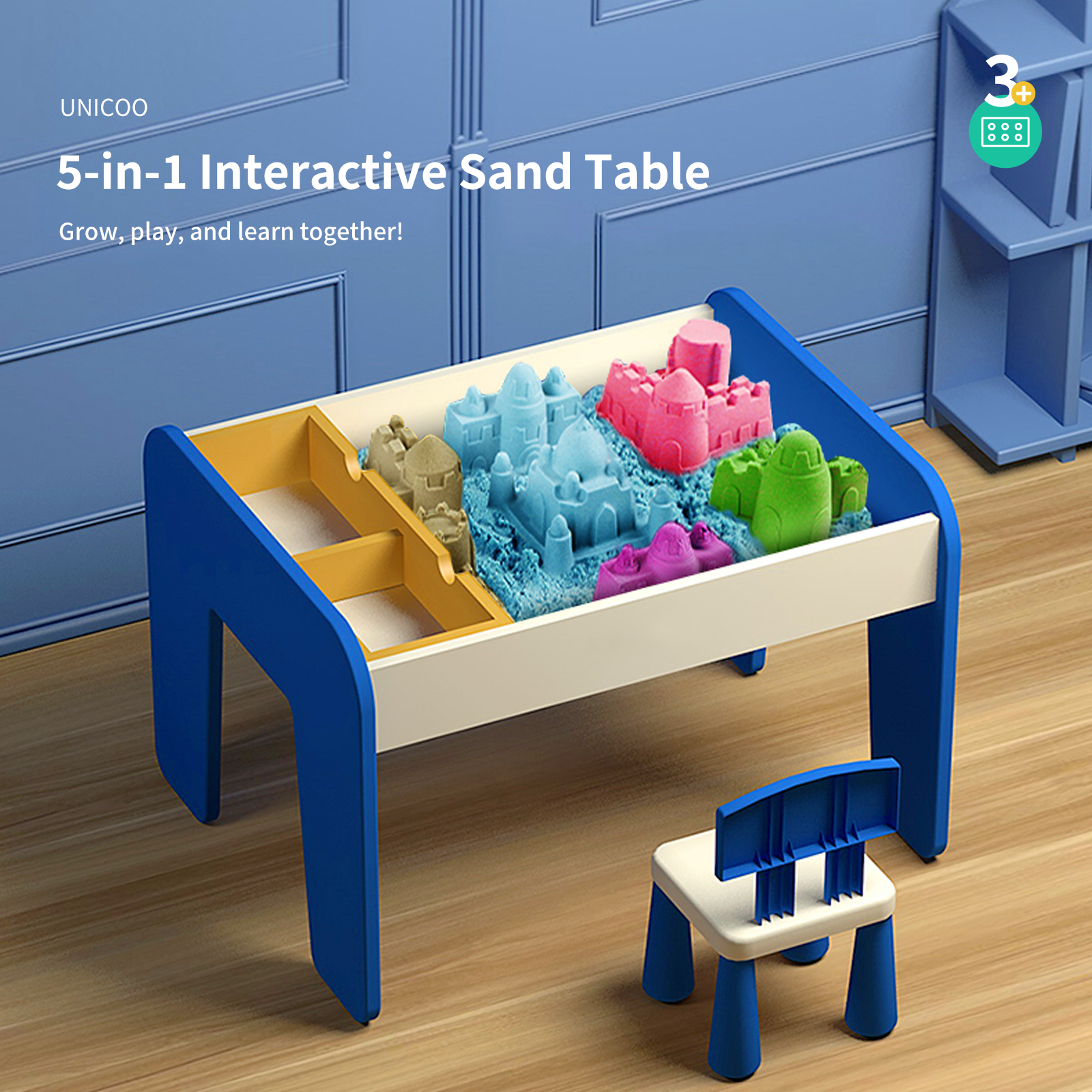 UNICOO® 5-in-1 Kids Sand & Activity Table with Play Sand, Molds & Building Blocks | Sensory Play Table, Study Desk & Storage for Toddlers | Kids Summer Indoor & Outdoor Games (Blue)