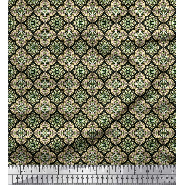Soimoi Black polyester Crepe Fabric Filigree Damask Decor Fabric Printed Yard 52 Inch Wide