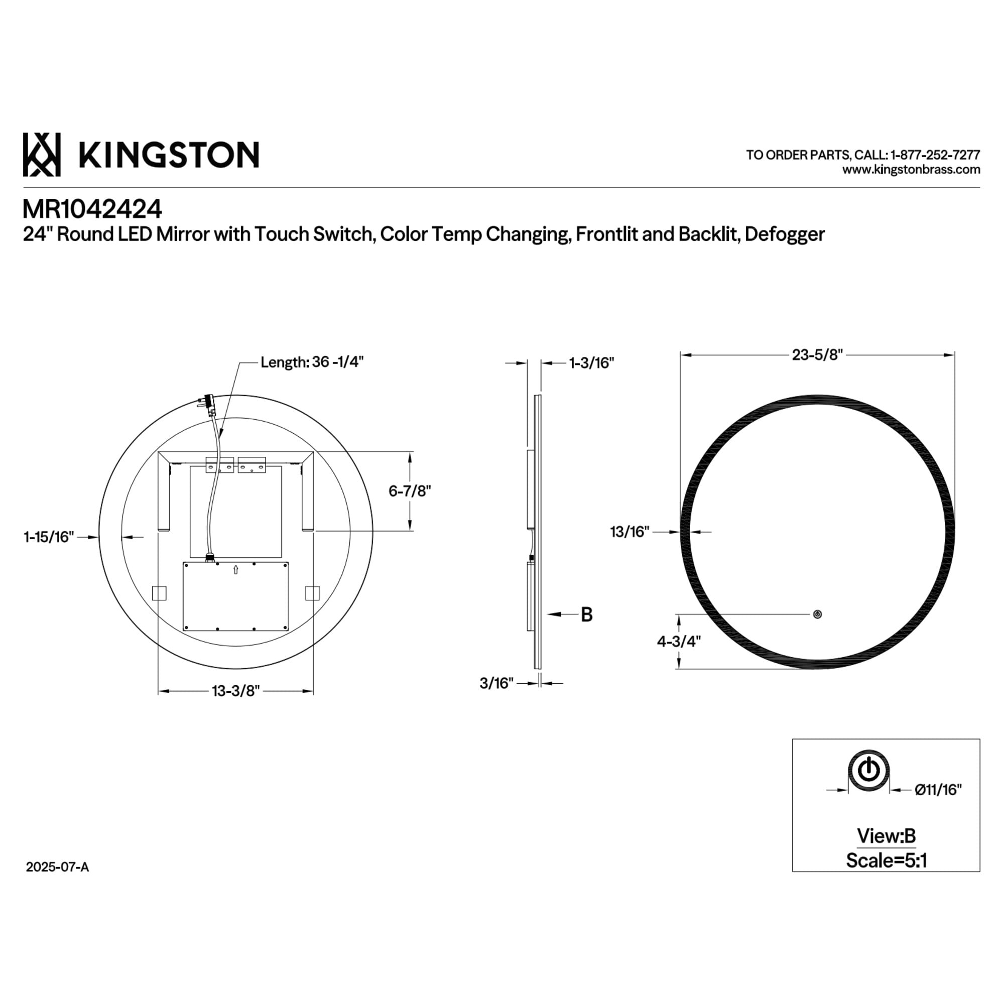 Kingston Brass MR1042424 Aurora 24-Inch Round LED Bathroom Mirror, Front and Back Light, Anti-Fog, Dimmable Touch Sensor Lighted Mirror in Silver
