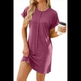 thumbnail image 1 of Vestido Camisero de Verano para Mujer, Informal, con Mangas , Cuello Redondo, Holgado, Minivestido Vino Tinto M, 1 of 10