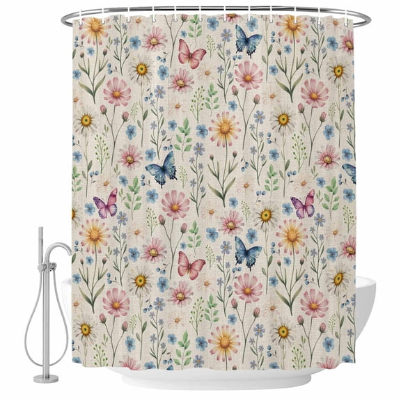 Pink Spring Floral Shower Curtain - Water Repellent Fabric Shower Curtains Washable, Elegant Pastoral Flowers Butterflies Rustic Decorative Polyester Cloth Bathroom Curtains Modern Bath Decor 66"x72"
