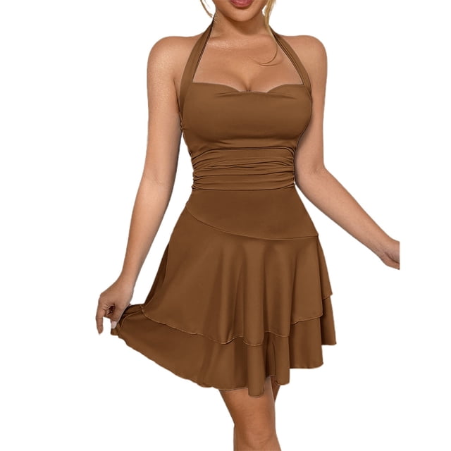 Vestido informal de mujer a la moda: diseño con cuello corazón y fruncidos, poliéster, perfecto para primavera/verano, combínalo con tacones/sandalias, tallas XS-L