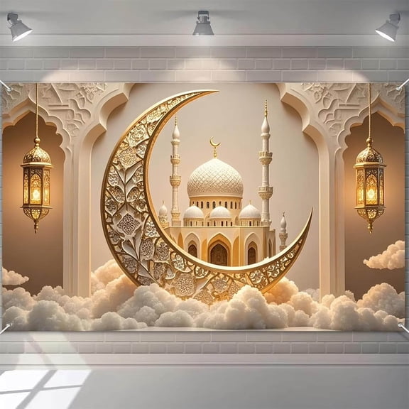 70.8 x 43.3 Inch Ramadan Eid Mubarak Banner Backdrop with Crescent Moon Mosque Design, Islamic Polyester Wall Hanging for Indoor Outdoor Party Home Decoration