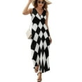 thumbnail image 2 of Maxi Dress Black And White Plaid Dress Female Vintage Print Kawaii V Neck Sleeveless Aesthetic Design Bohemia Long Dresses, 2 of 7