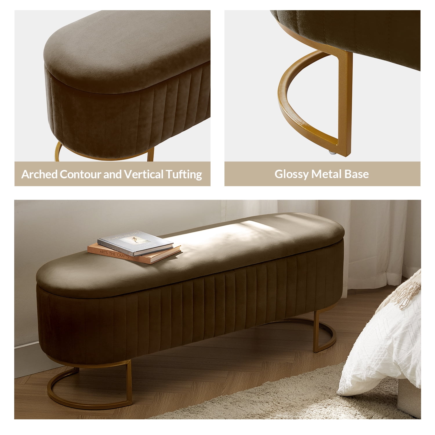 50.5" Upholstered Storage Bench For End of Bed Entryway Bedroom Ottoman Brown
