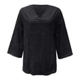 thumbnail image 4 of MIXUE Boho Tops For Women Summer Linen Solid Color V Neck Short Sleeve Casual Pullover Shirts For Women Tee Shirts Daily-Wear,Black,L, 4 of 5