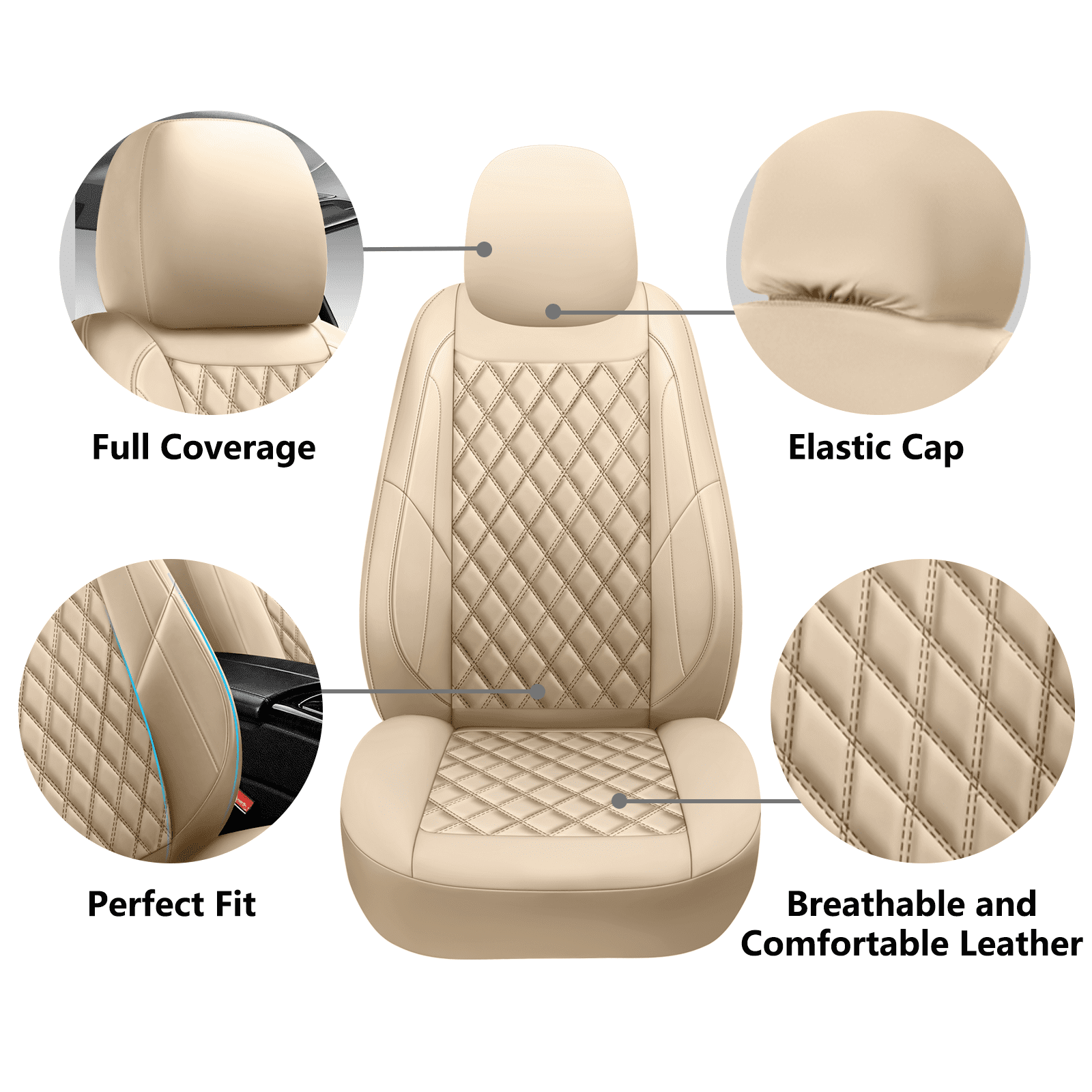 NS YOLO Premium Leather Car Seat Covers Front, Universal Fit for Cars, Trucks & SUVs, Waterproof Car Seat Cushion, Front Seat Protector, Beige